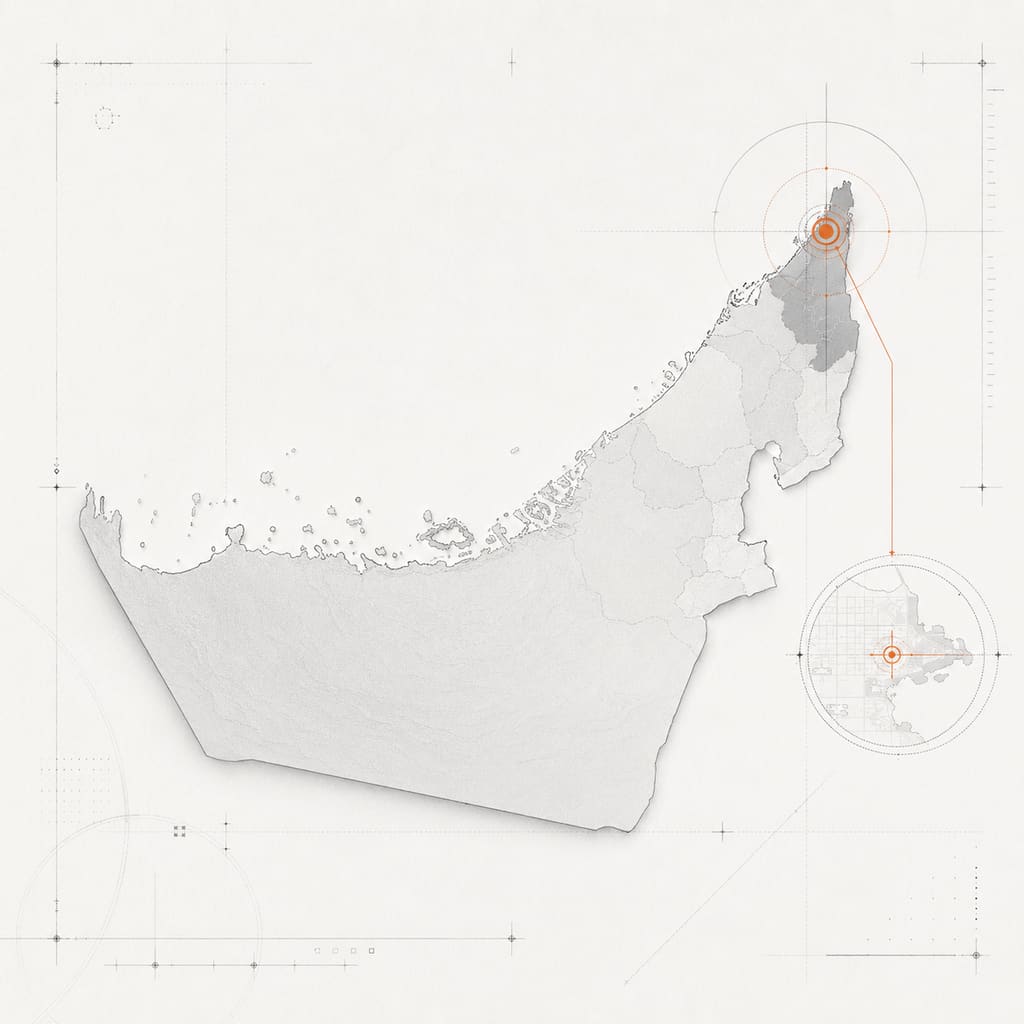 Drafting-style map of the United Arab Emirates with Ras Al Khaimah picked out and a detail inset of the Al Hamra industrial area.