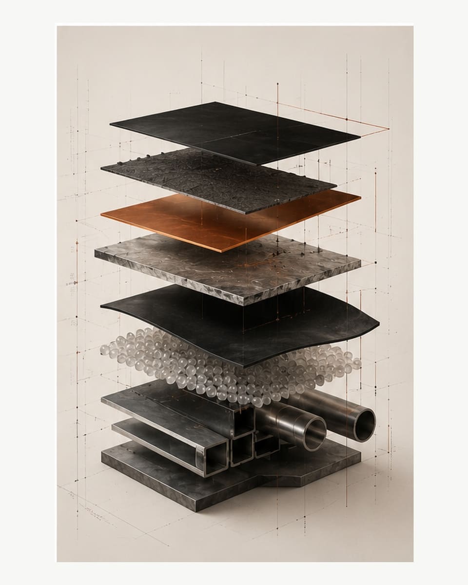 Exploded study of industrial materials: steel plate and sections, polymer granulate and rubber sheet, arranged in a layered stack.