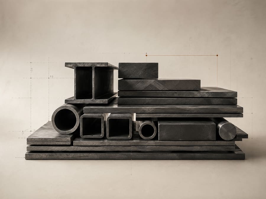 Blackened steel sections, plate and tube arranged as a material study.