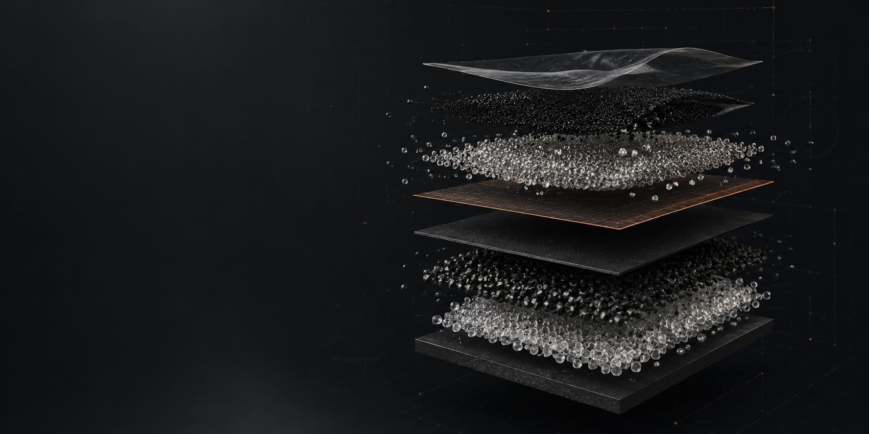 Exploded study of polymer raw material: film, black granulate, translucent granulate and sheet, layered above one another.