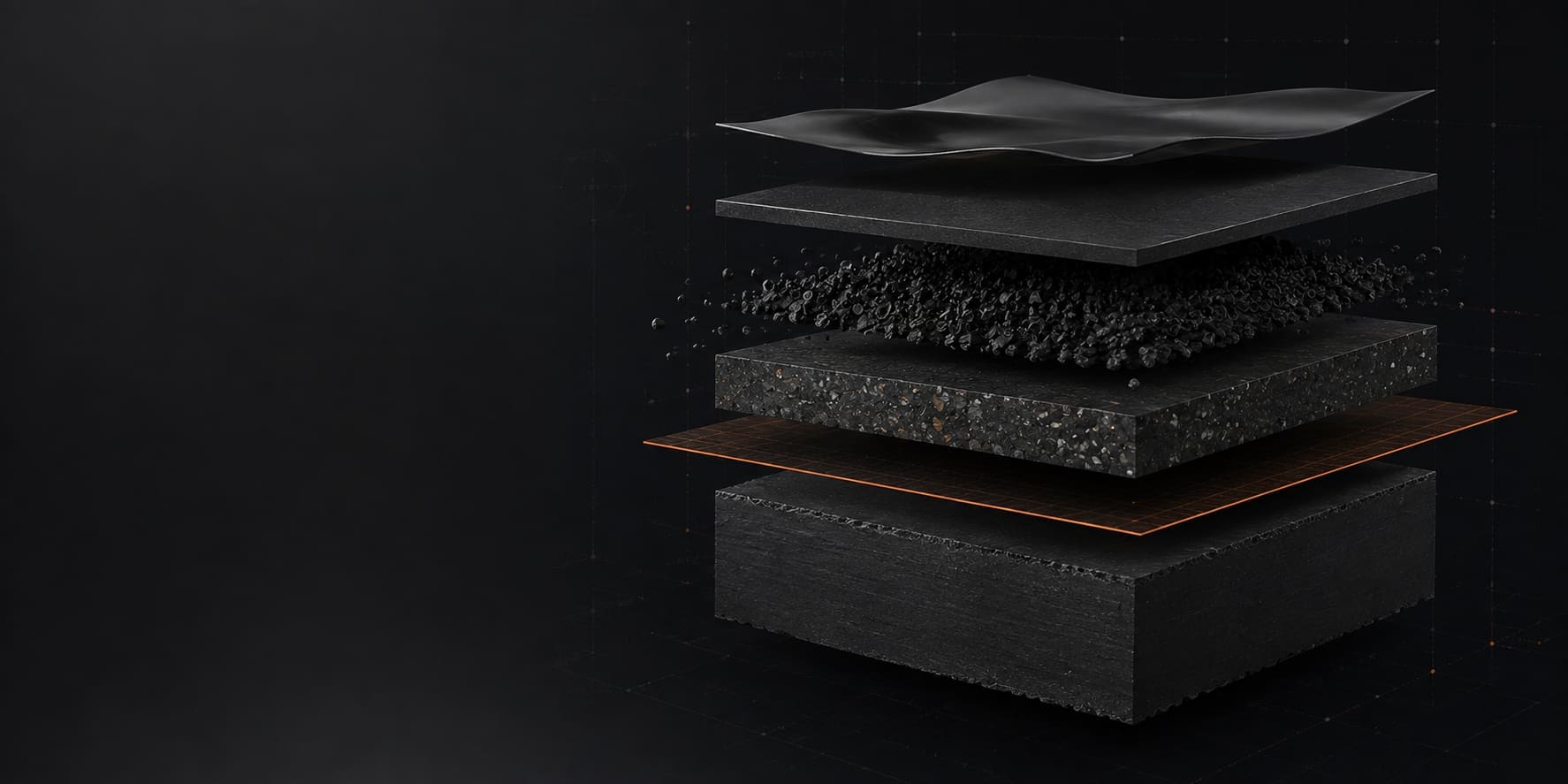 Exploded study of rubber in raw form: sheet, crumb, compound slab and bale, layered above one another.