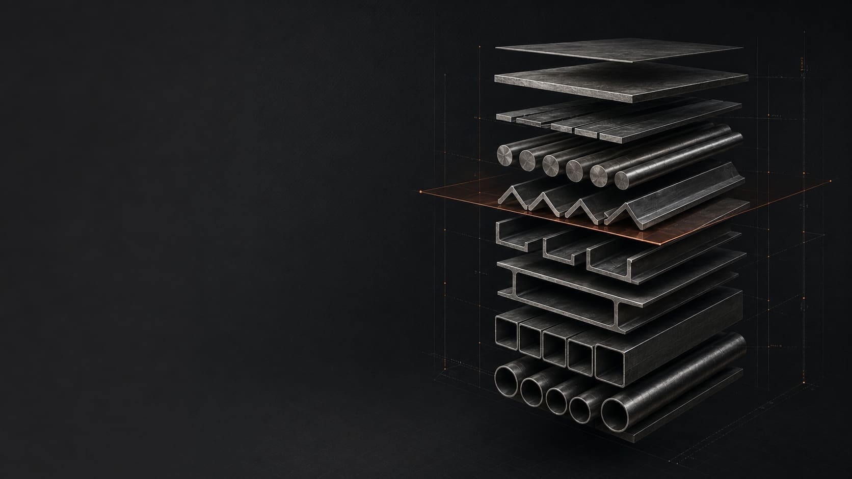 Exploded study of basic steel forms: plate, bar, angle, channel, beam and hollow section, layered above one another.